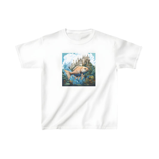 Colorful kids t-shirt featuring an enchanting underwater scene of a majestic fish swimming alongside a regal castle on a cliff