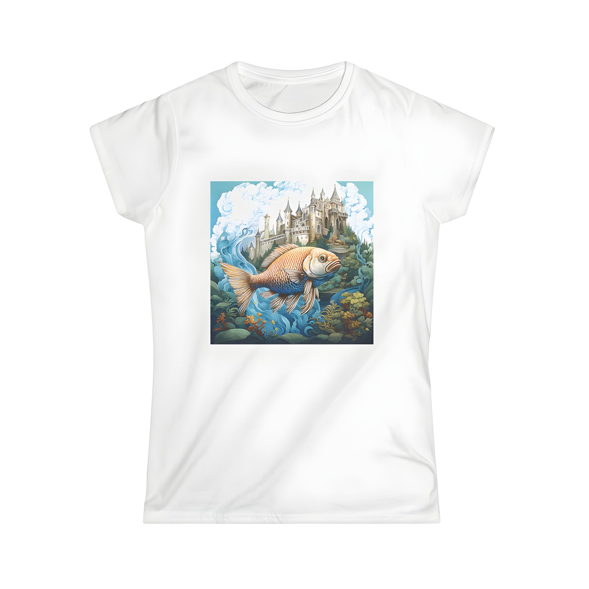 Women's graphic t-shirt featuring a whimsical castle illustration and swimming fish design underwater