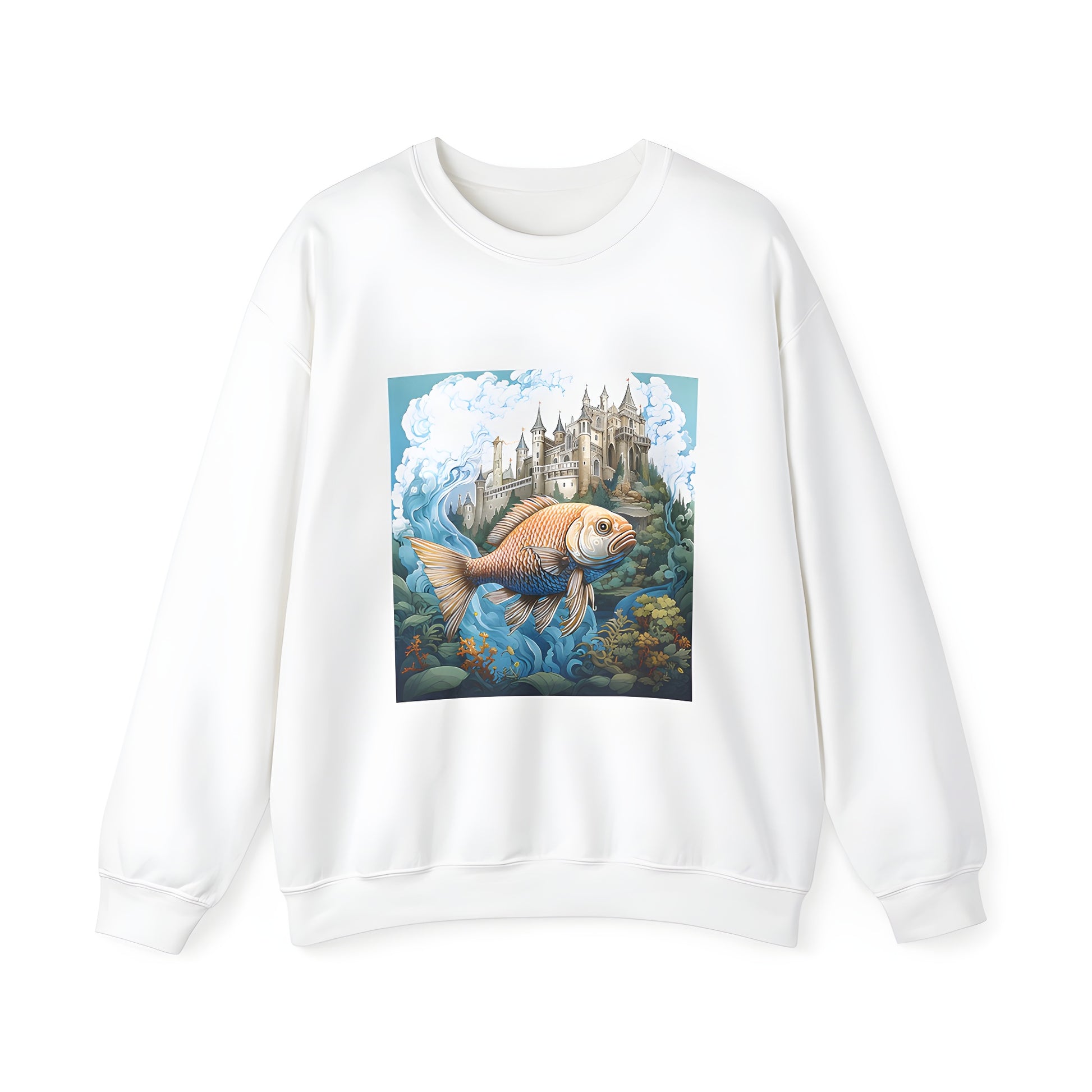 Adult Castle T-Shirt featuring a colorful illustration of an underwater scene with a majestic fish swimming alongside a grand fortress