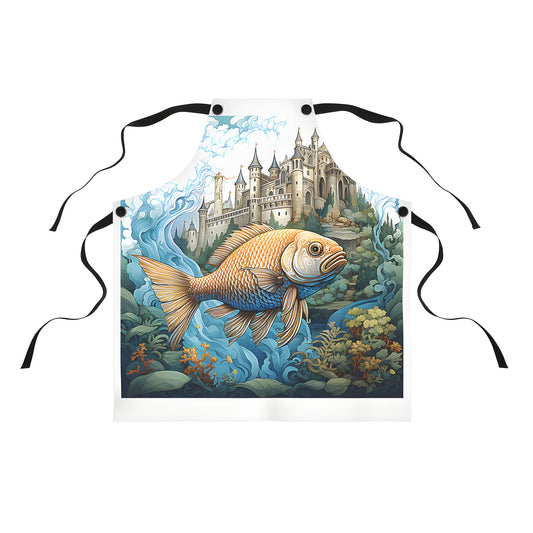 Aprons featuring whimsical designs of fantastical fish swimming underwater alongside medieval castle prints, perfect for fans of oceanic fantasy and historical architecture