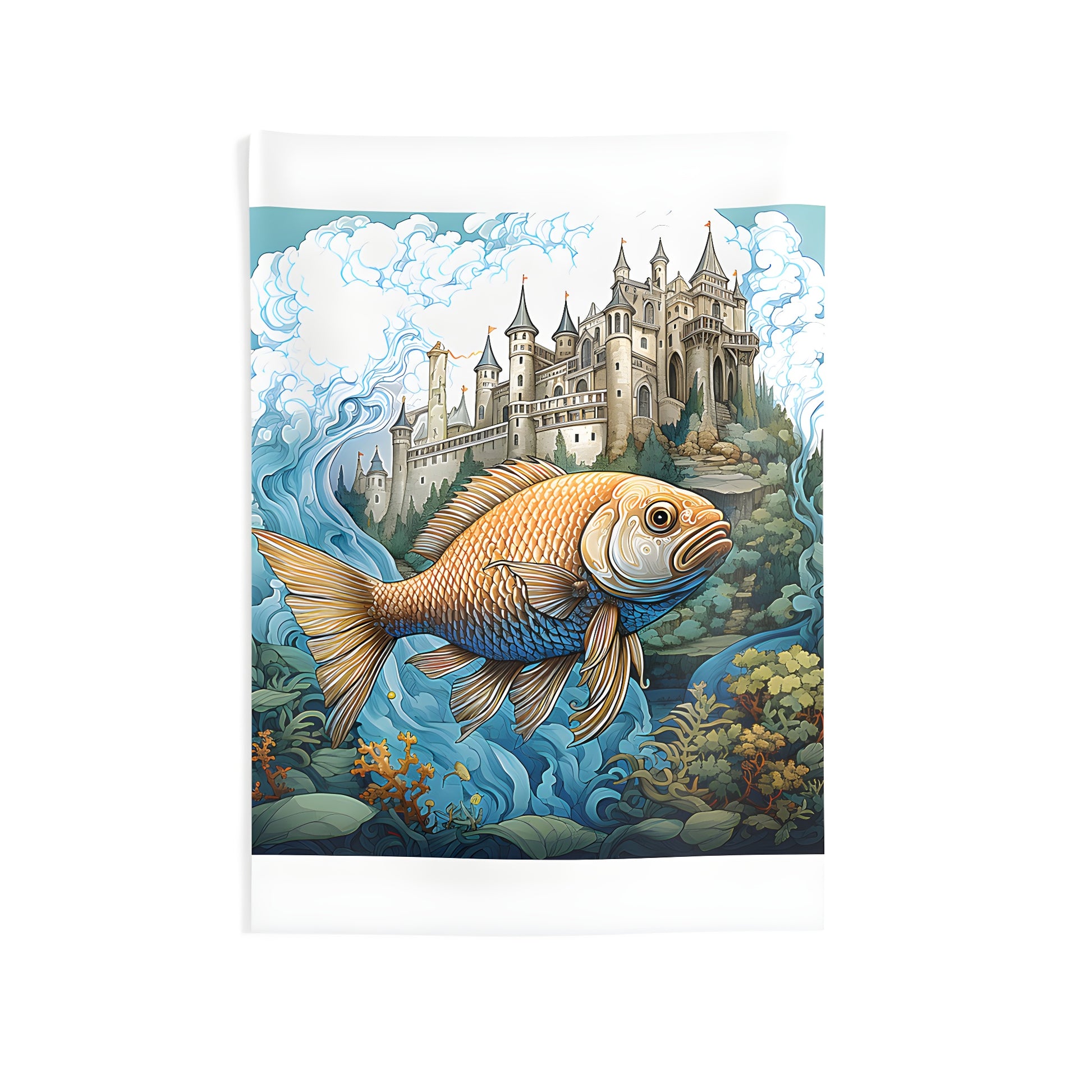 Colorful indoor wall tapestry featuring a whimsical underwater scene with a majestic castle on a cliff and a large fish swimming beneath the waves.