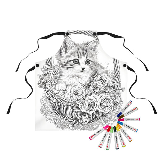 Whimsical kitten sitting in a woven basket surrounded by blooming flowers and lace details on a colorful apron