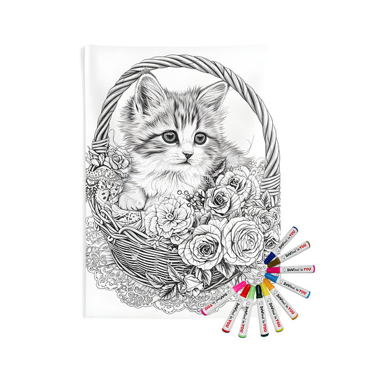 Floral basket wall tapestry with a kitten