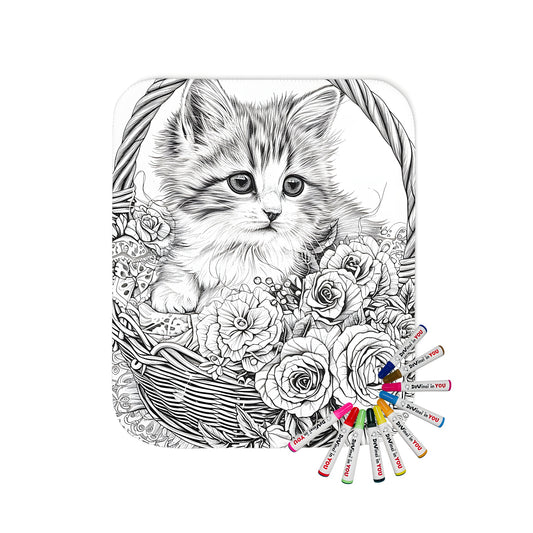 Coloring kit blanket featuring a whimsical cat sitting in a woven basket amidst blooming flowers and lace details.