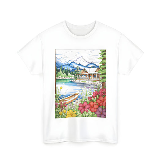 A serene lakeside cabin photo on a unisex t-shirt