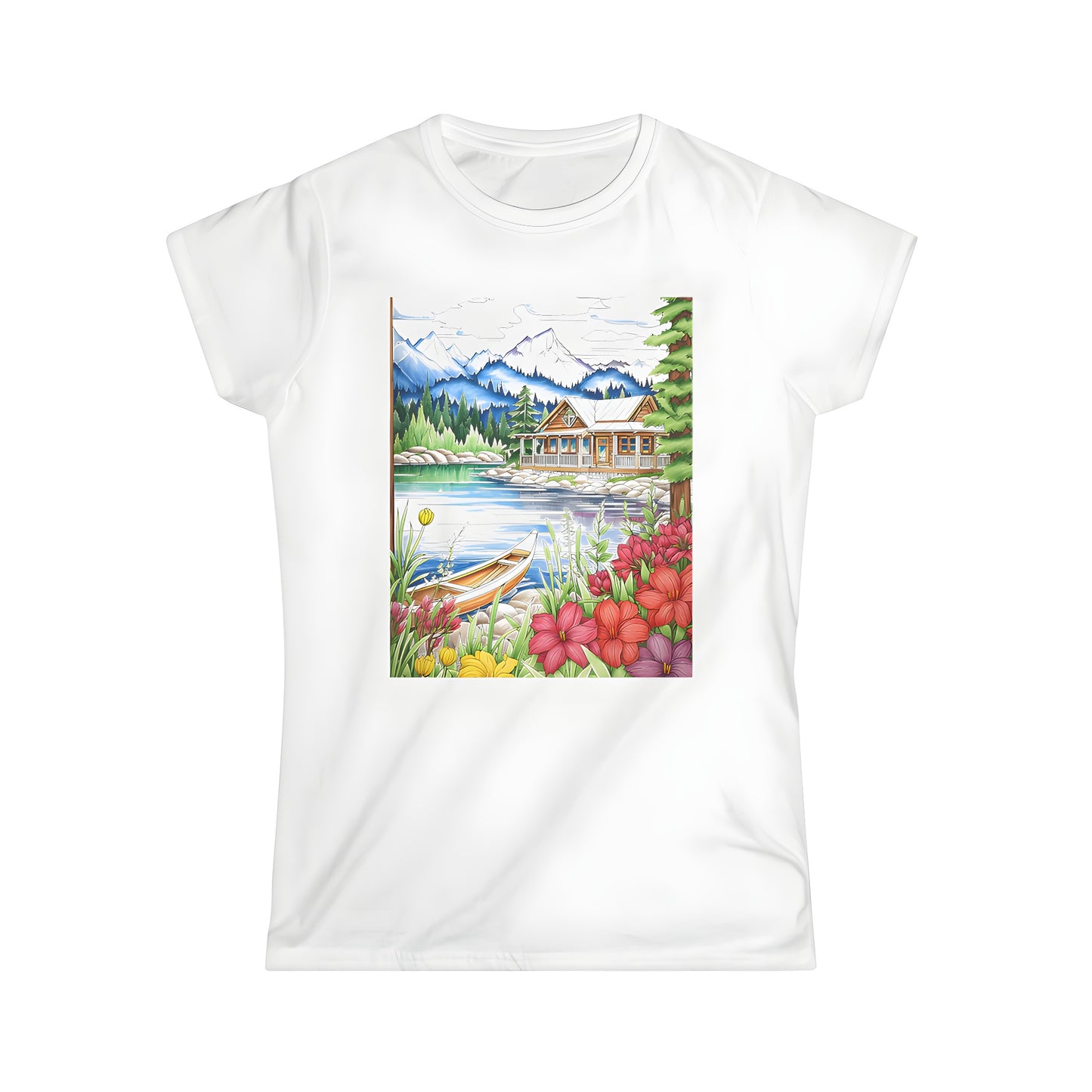 Women's t-shirt featuring a serene lakeside cabin design with vibrant flowers and lush trees