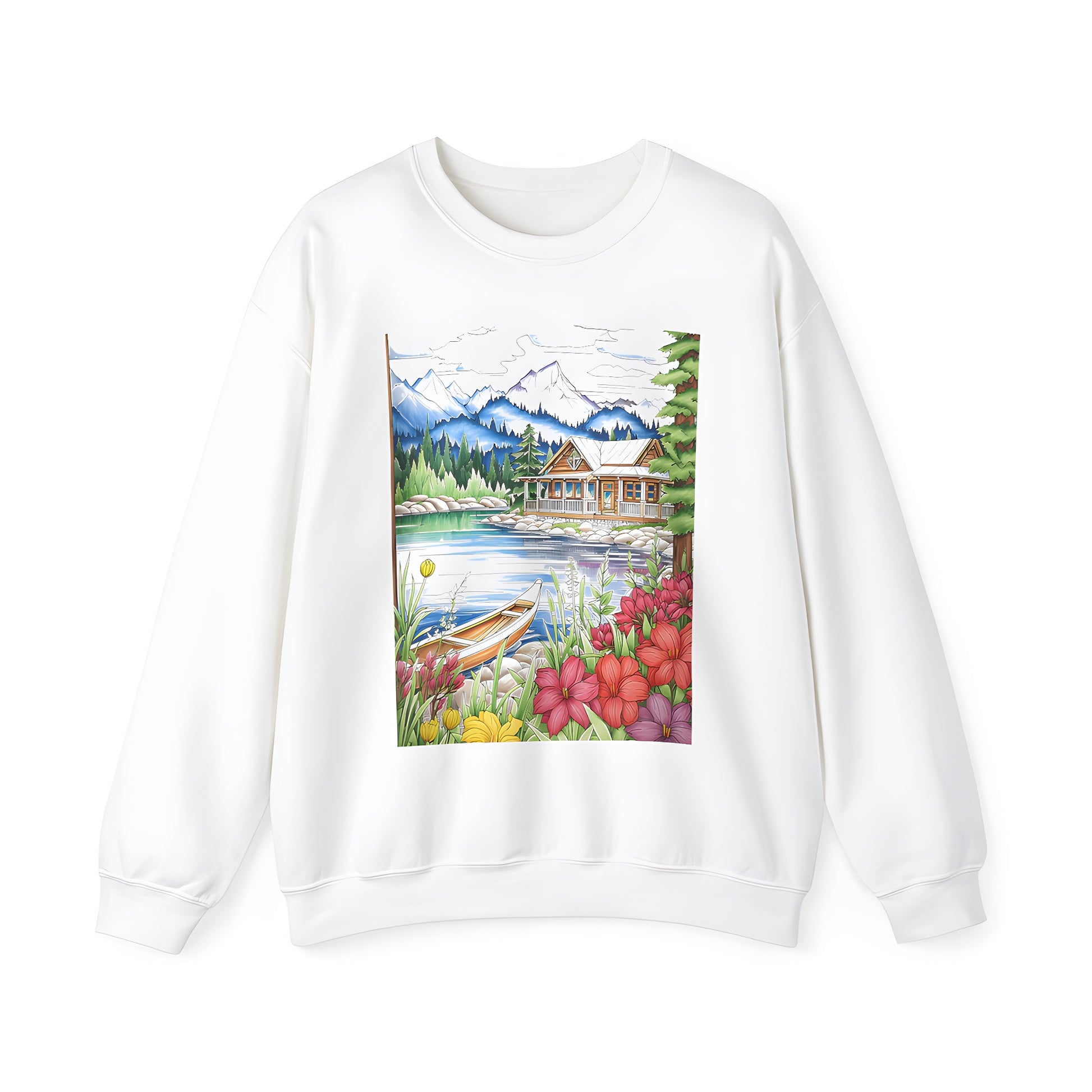 Adult Sweatshirt featuring vibrant lakeside cabin scene with boat, flowers, trees and mountains