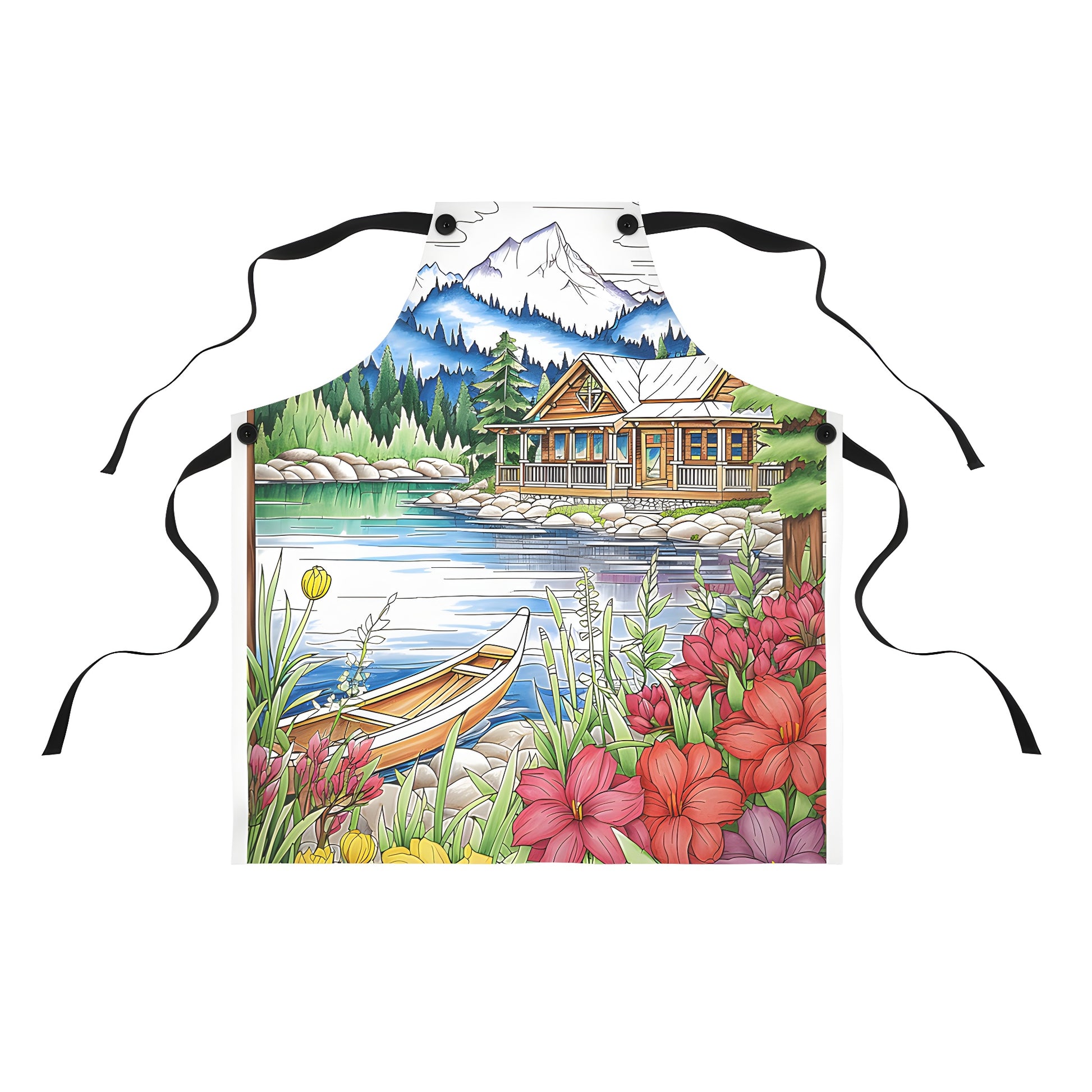 Colorful lakeshore cabin print apron