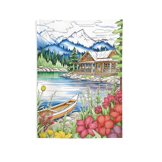 Colorful lakeshore cabin tapestry with floral patterns, serene lakeside scene wall hanging