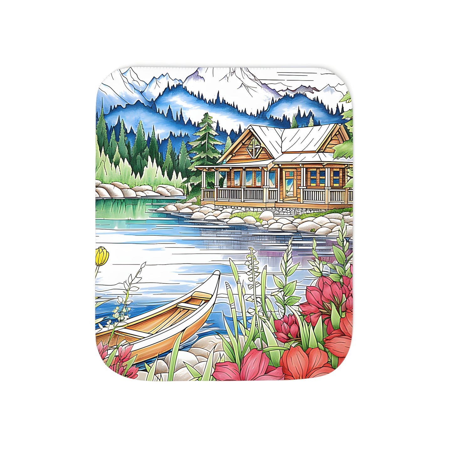 Colorful lakeside cabin blanket with boat, flowers, trees, and mountains