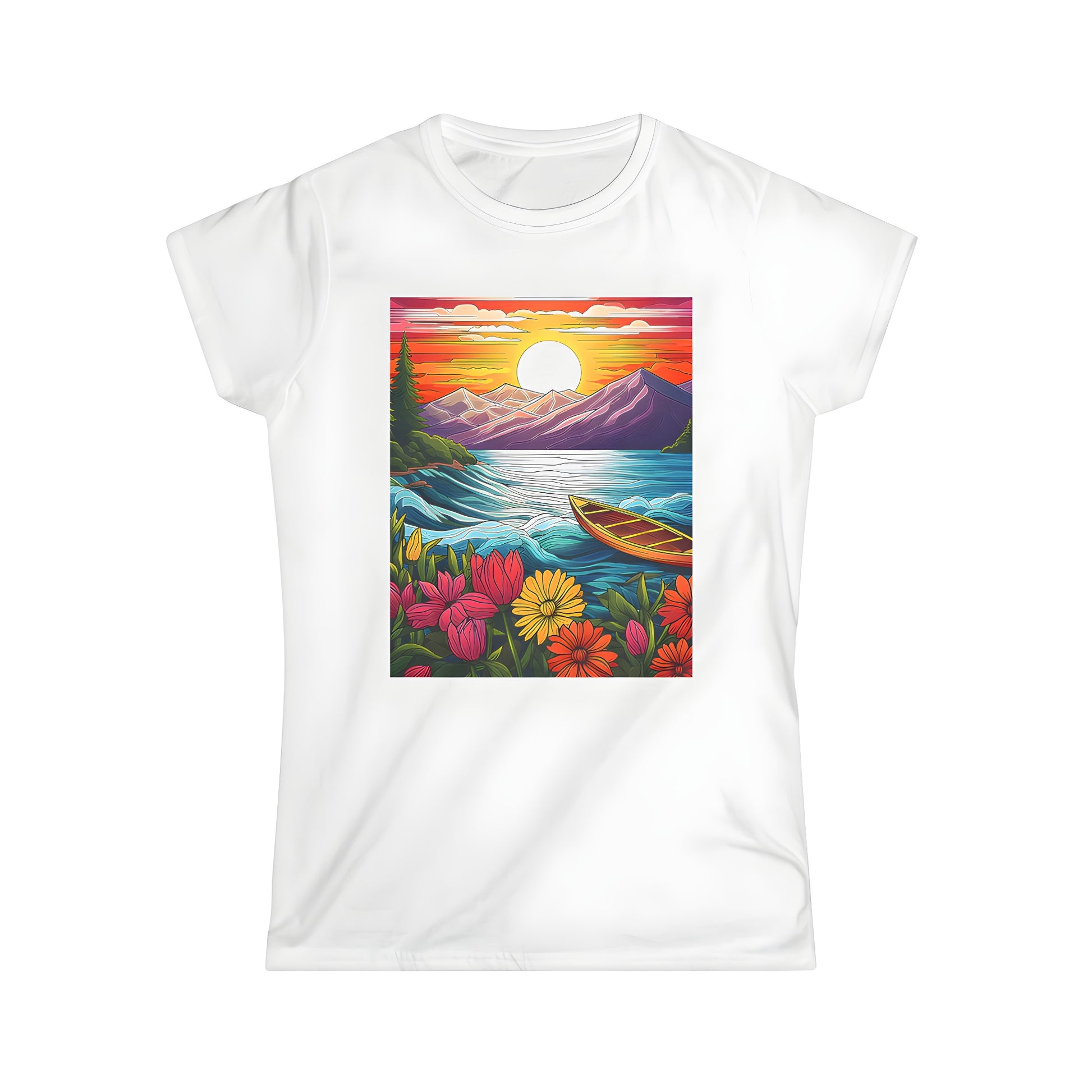 A colorful women's t-shirt featuring a vibrant sunset landscape print with mountains, lake, boat, and blooming flowers in the foreground.