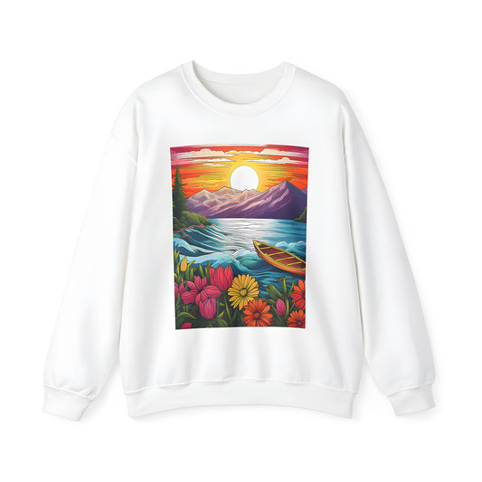 Adult Sweatshirt featuring a stunning landscape of a sunset over mountains, lake, boat, and blooming flowers - perfect for casual wear