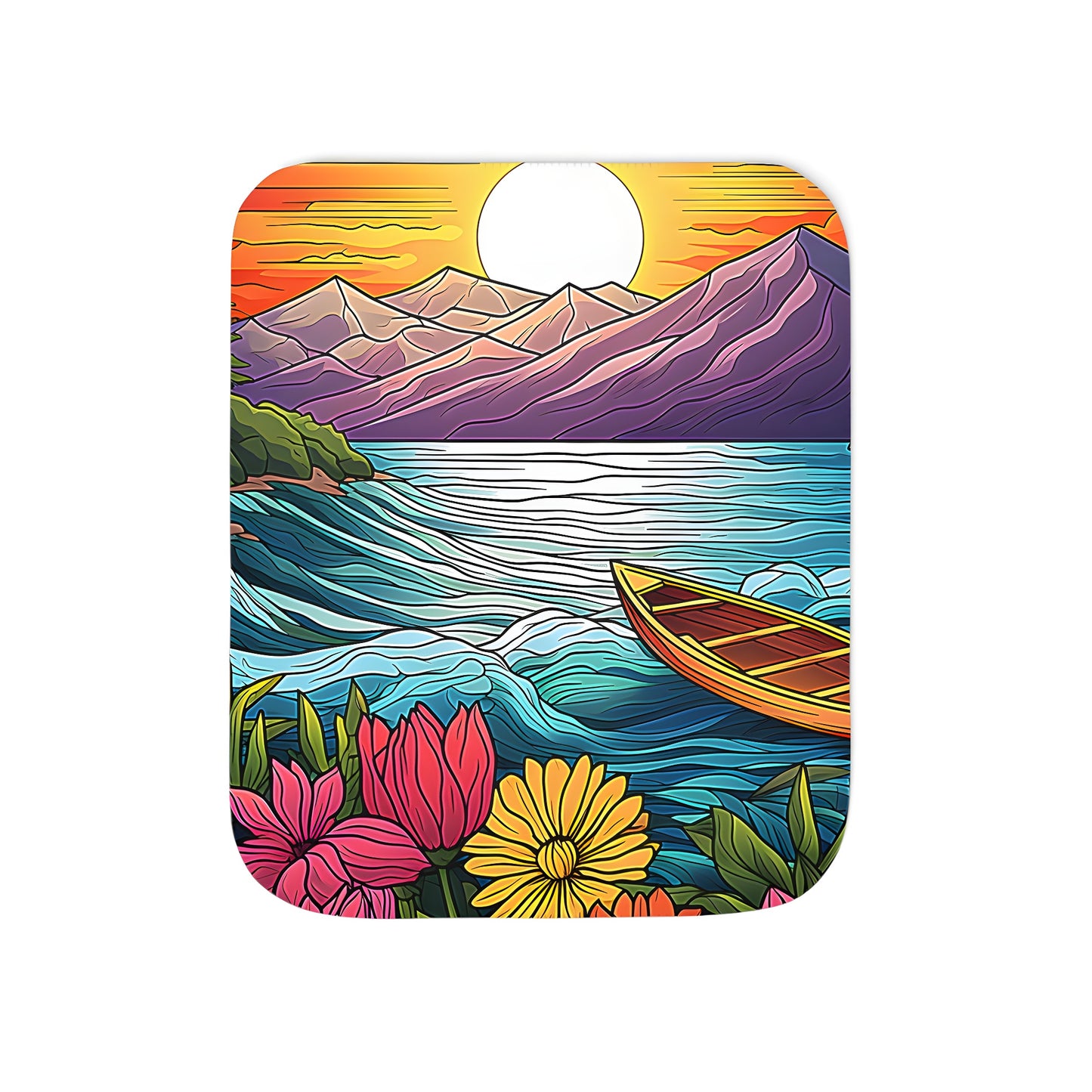 Colorful blanket featuring a beautiful landscape of mountains, a serene lake, a peaceful boat ride, and vibrant flowers inspired by a breathtaking sunset.