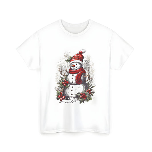 A festive winter-themed unisex t-shirt featuring a colorful snowman figure with a red hat, scarf, antlers, and holly leaves adorned with red berries, all set against a snowy background.