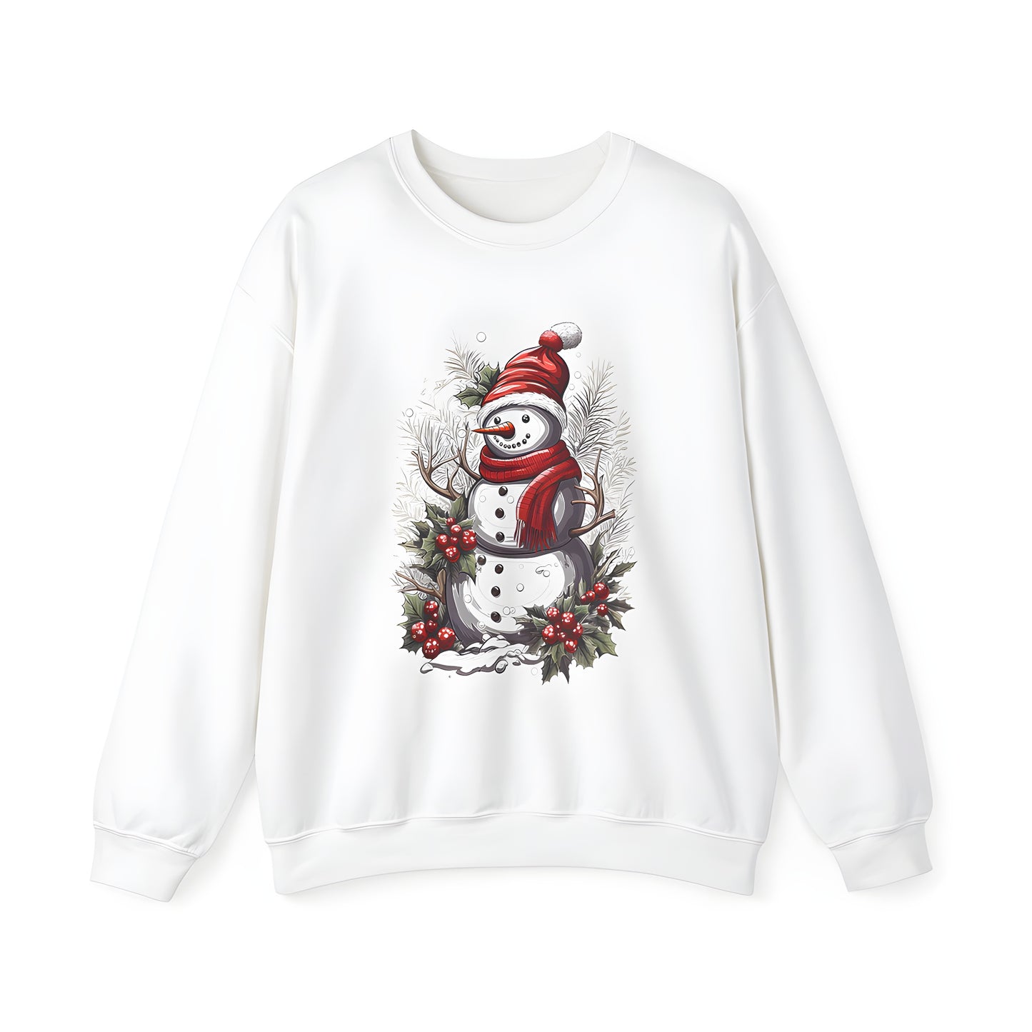 Adult Sweatshirt featuring a festive winter scene with snowman, red hat, scarf, antlers, and holly leaves adorned with red berries