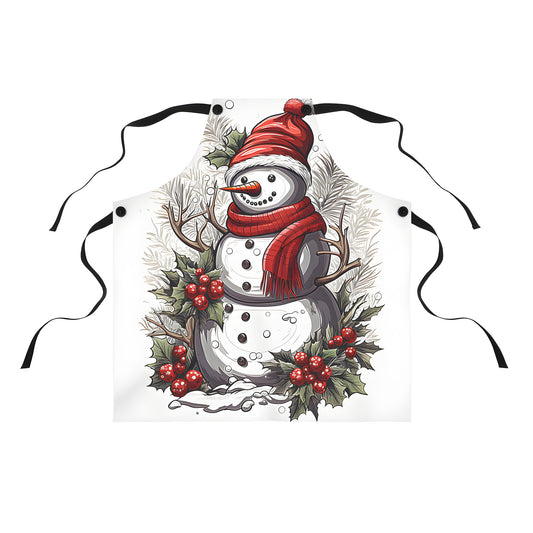 Colorful winter apron with festive snowman character design featuring red hat, scarf, and holly leaves