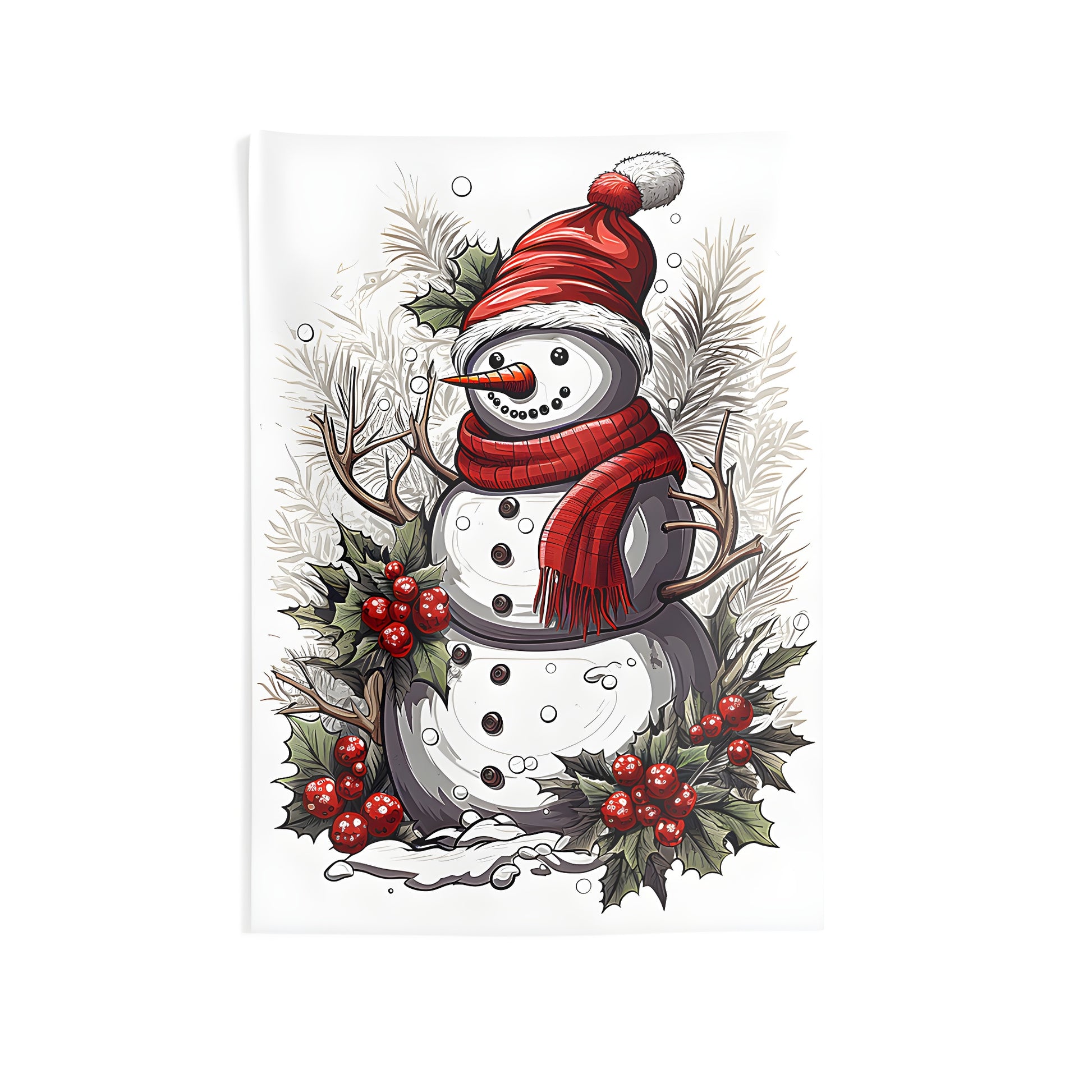 Festive winter scene indoor wall tapestry featuring a jolly snow figure with red hat and scarf