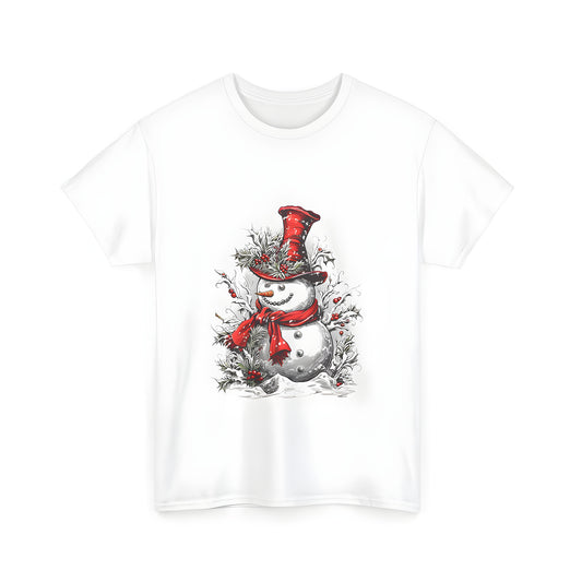 A colorful winter-themed unisex t-shirt featuring a joyful snow figure with a red hat and scarf, surrounded by holly on a snowy branch backdrop