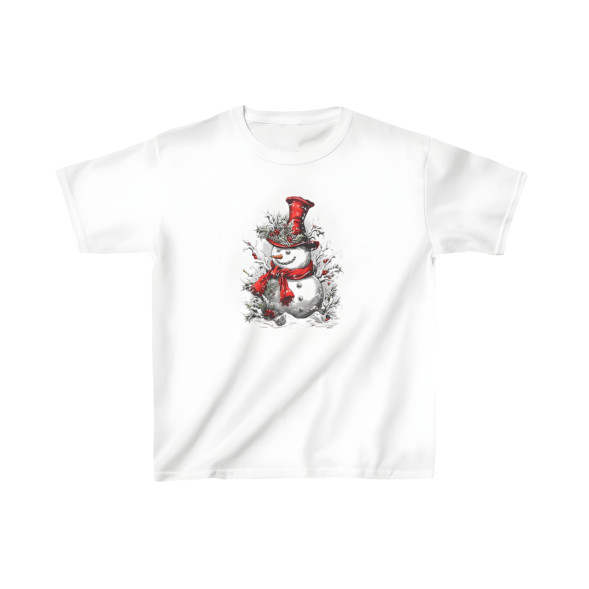 Colorful winter t-shirt design of a cheerful snow figure with red hat and scarf, surrounded by holly, on a snowy background for kids