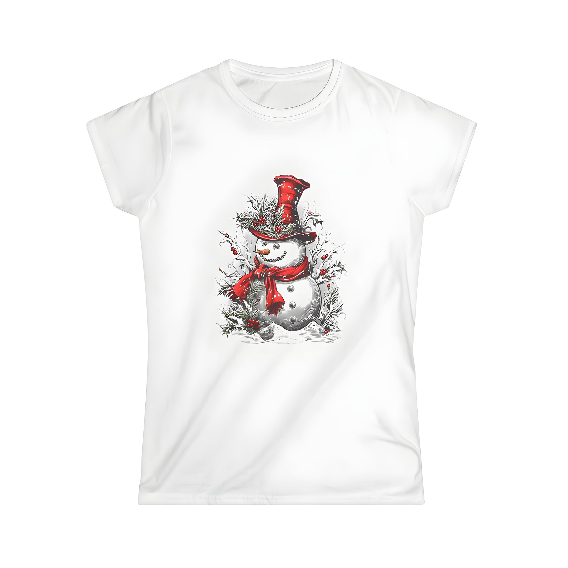 Women's T-shirt with colorful winter design featuring a joyful jolly figure, a happy frosty fellow, and a cheerful wintry character in a red hat and scarf, surrounded by holly against a snow-covered background