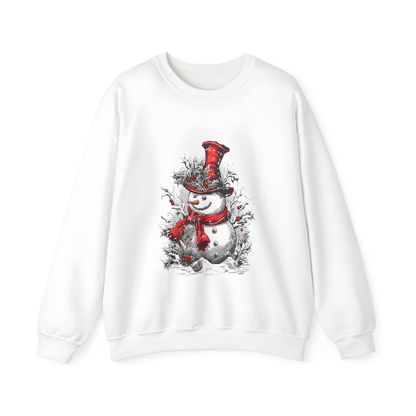 Adult Sweatshirt featuring a vibrant winter scene with a joyful jolly fellow in a red hat and scarf surrounded by holly on a snowy backdrop