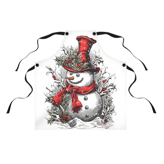 Colorful apron with a happy winter scene featuring a snowman, holly, and red hat