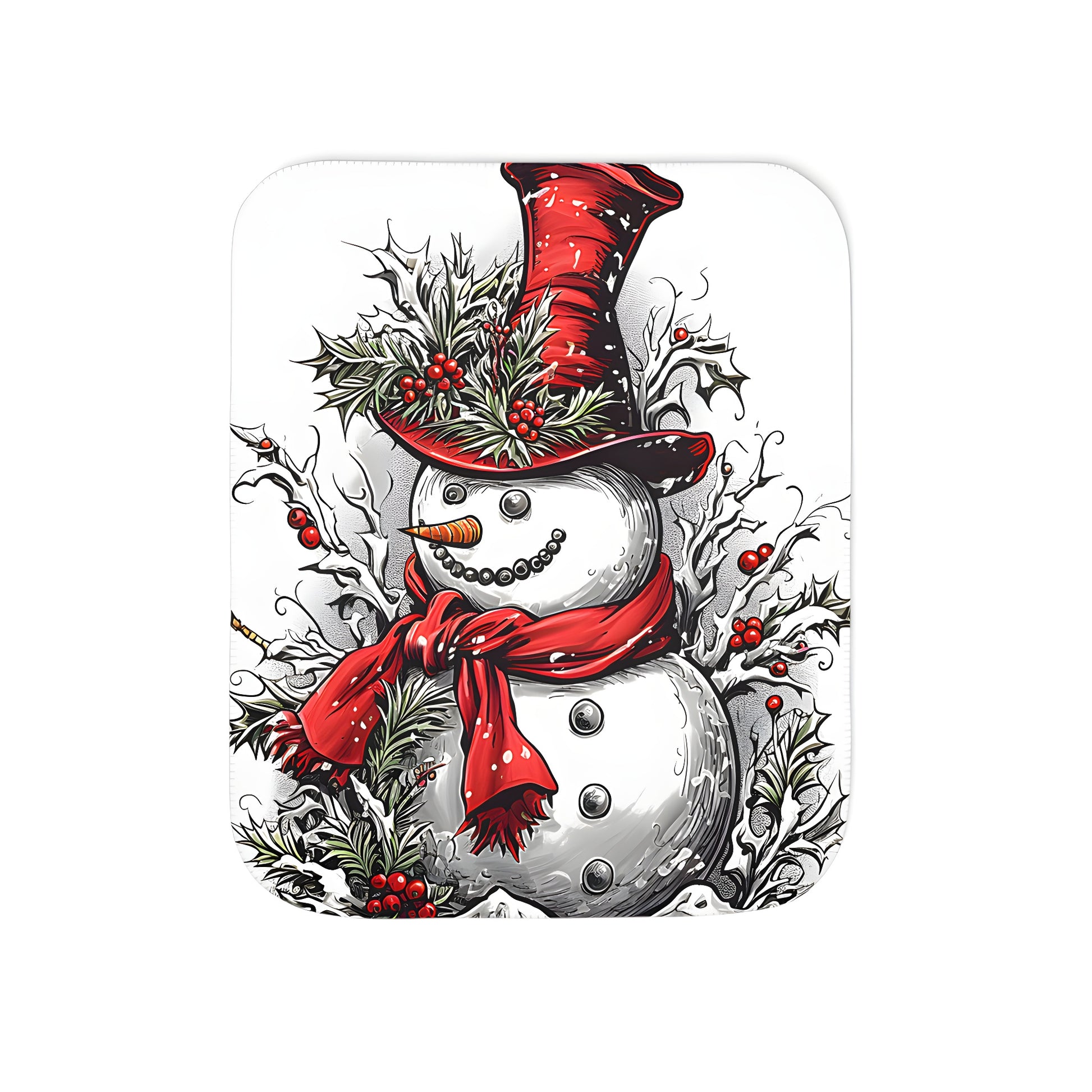 Cozy winter blanket with joyful snowman or frosty fellow design, featuring a red hat and scarf, surrounded by holly, on a snowy background