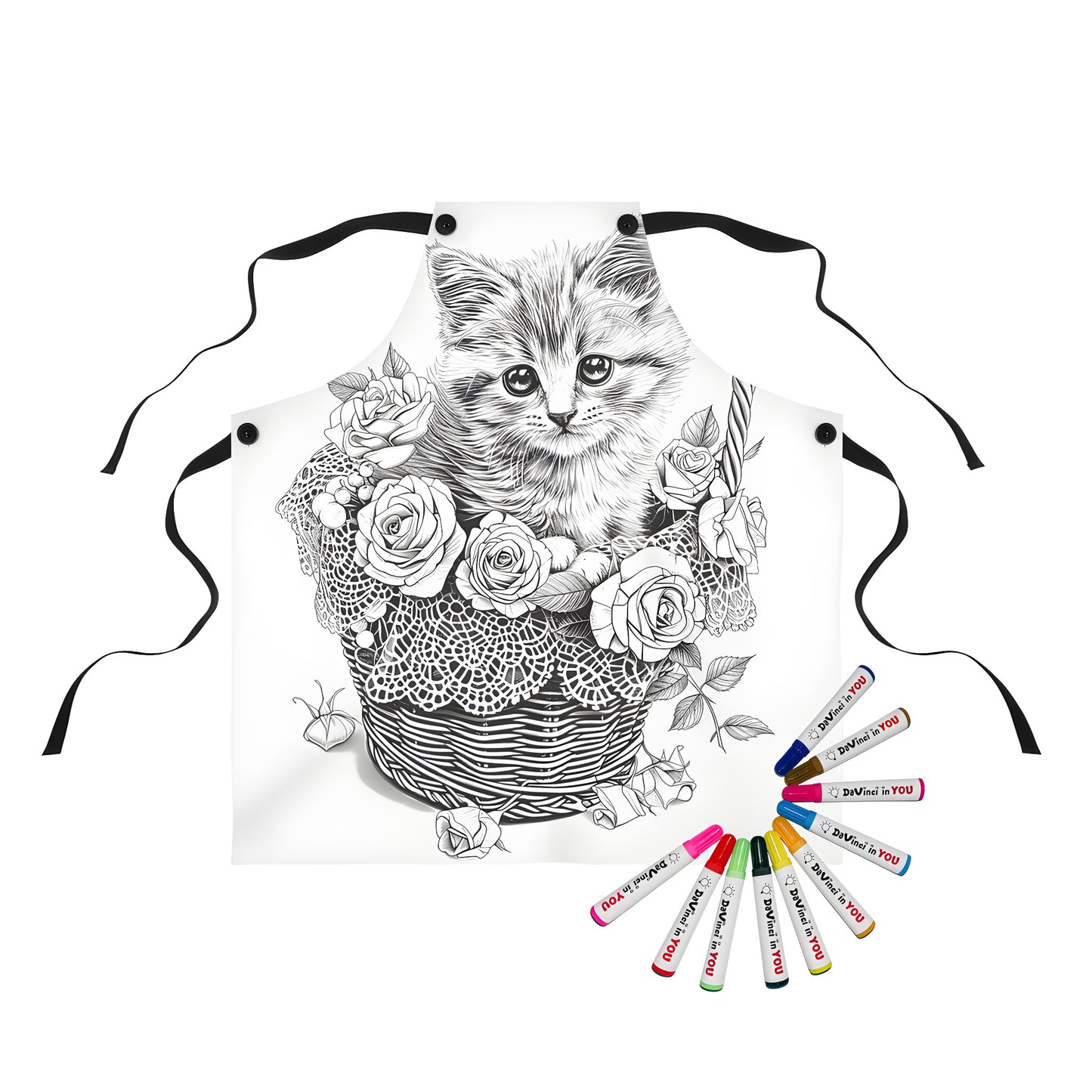 Cute cat in a flower basket apron with fabric markers for adult coloring