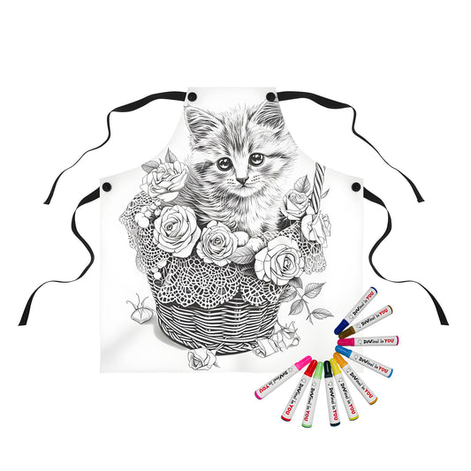 Cute cat in a flower basket apron with fabric markers for adult coloring