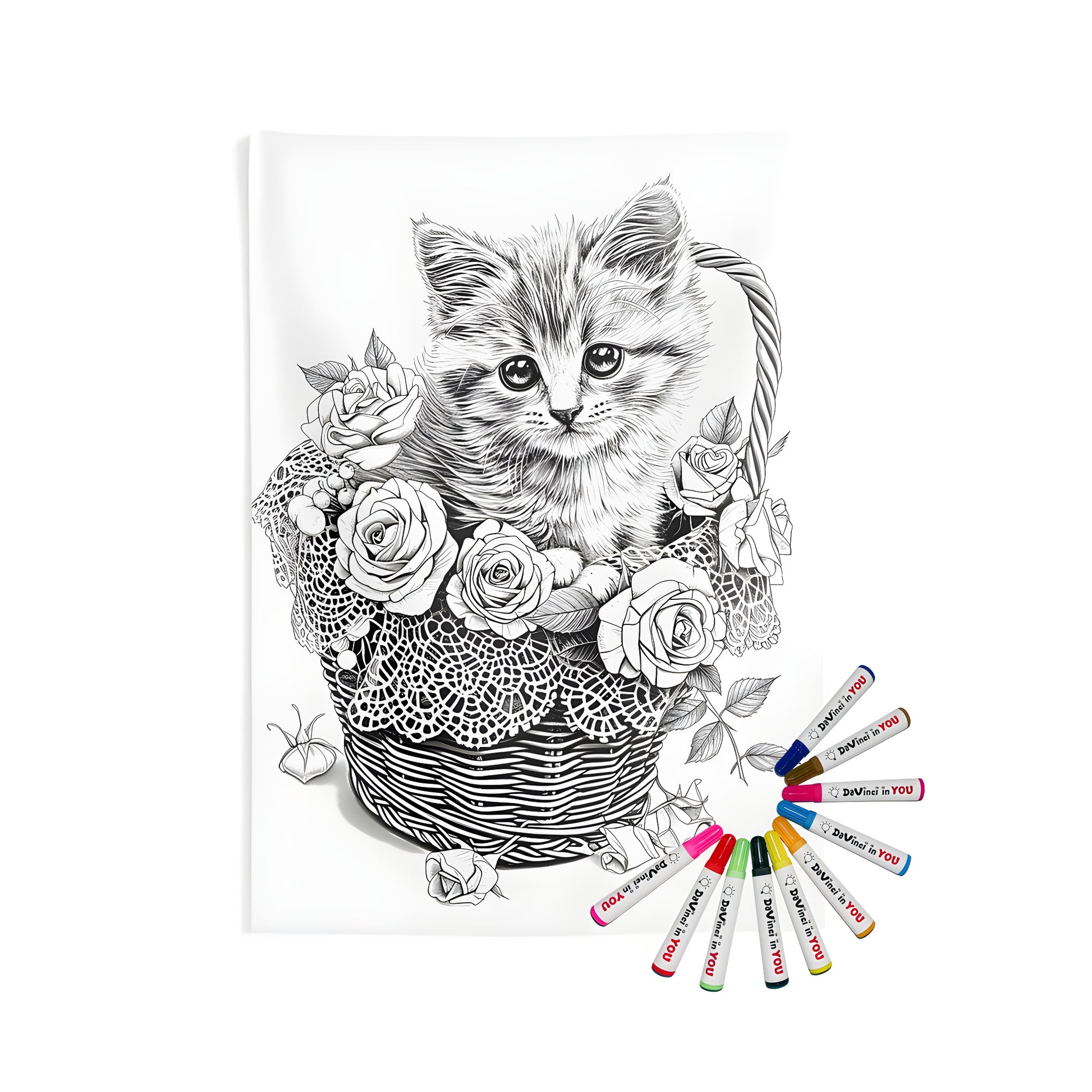 Cozy indoor wall tapestries featuring a cute kitten in a basket design, inspired by adult coloring pages with intricate details and a whimsical touch