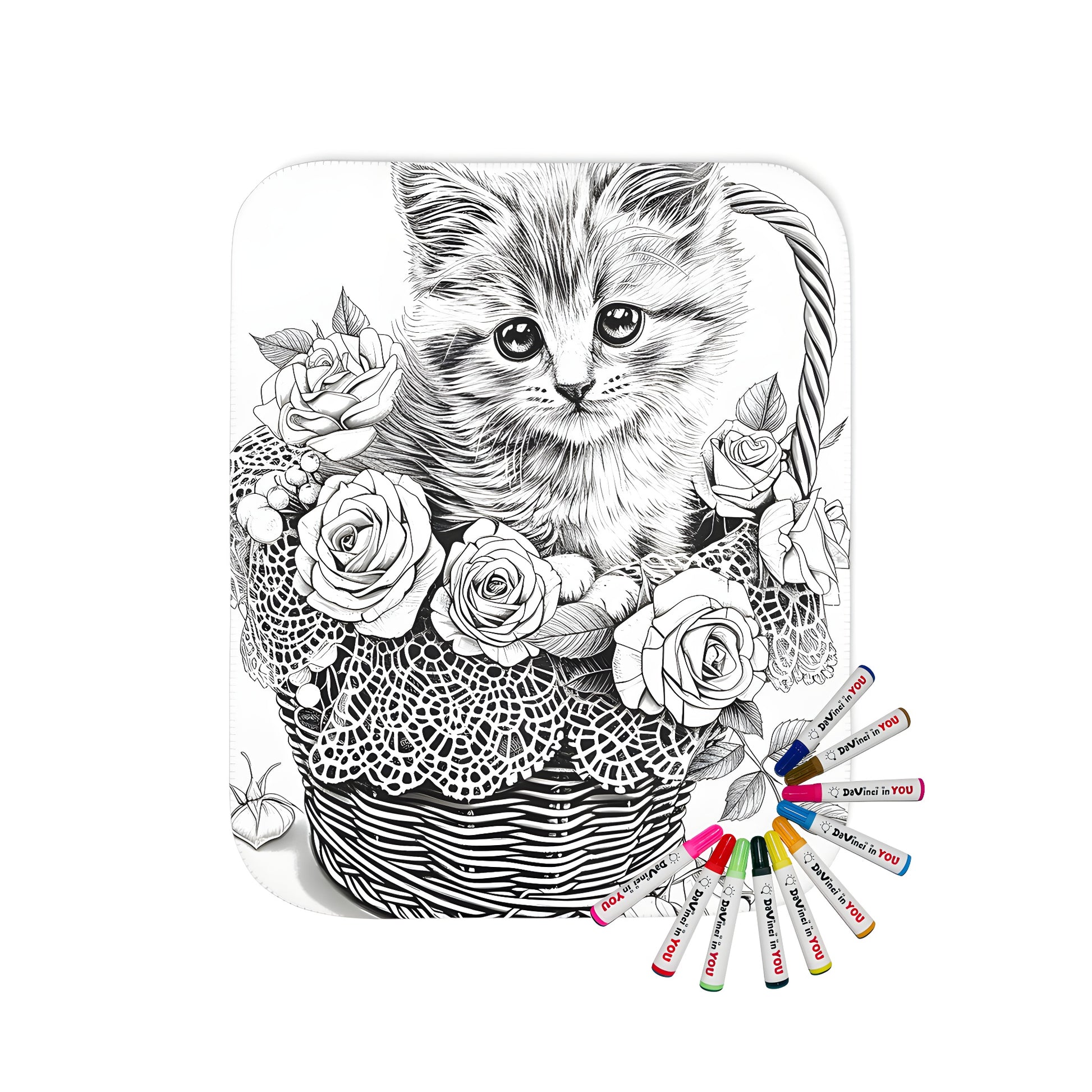 Cozy blanket featuring an adorable black cat in a wicker basket surrounded by colorful roses and lace details