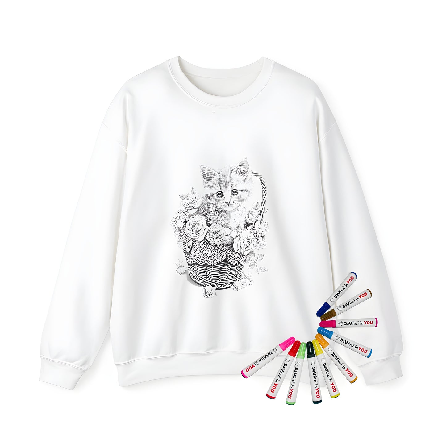 Adult sweatshirt featuring a detailed black and white sketch of a kitten in a basket design adorned with roses and lace