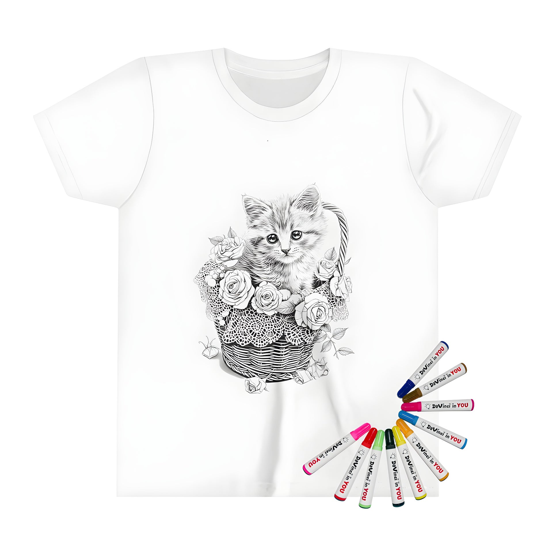 Kitty cat in a basket coloring t-shirt for kids, adorable kitten in a flower basket design