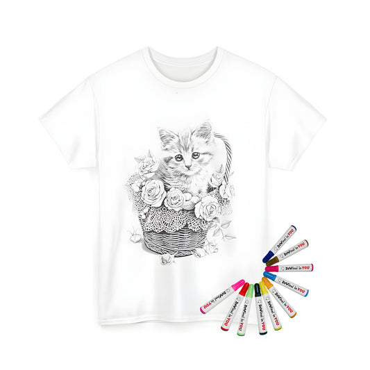 Unisex coloring t-shirt with cute kitty in a basket illustration