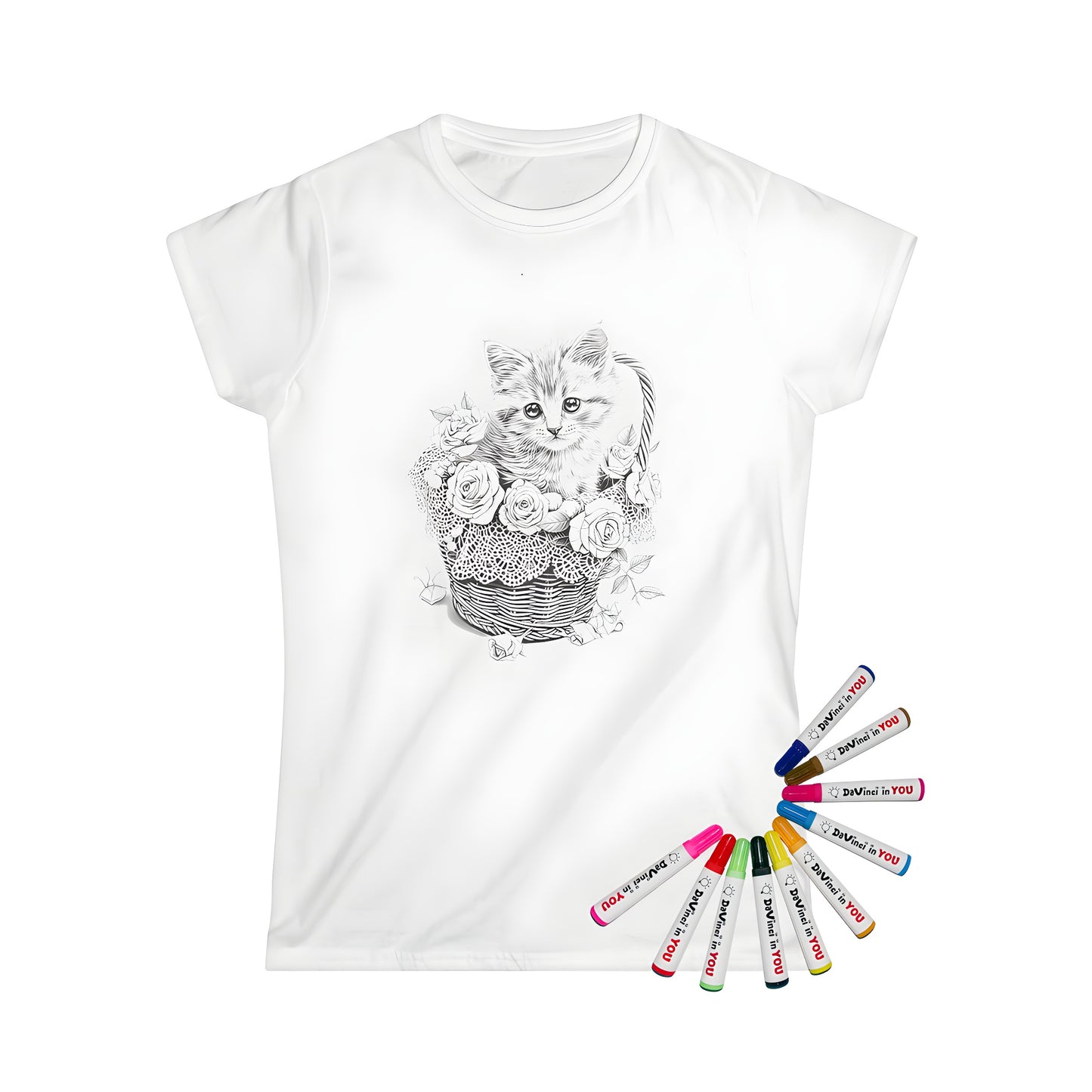 Women's t-shirt with cute kitten in a basket and roses design