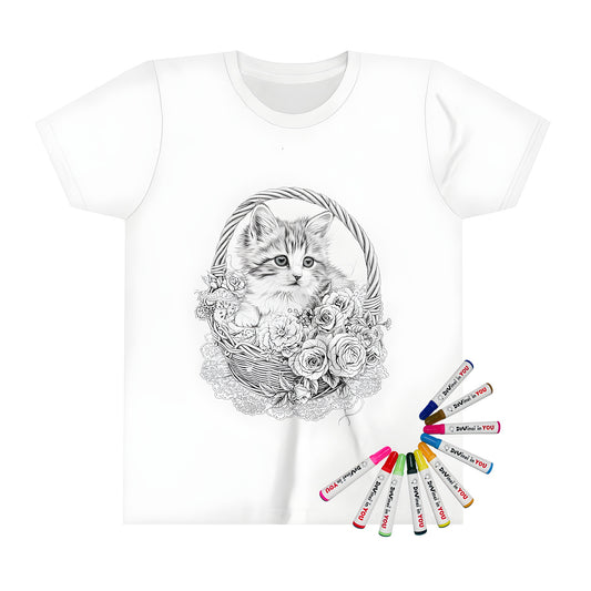 A colorful kid's t-shirt featuring a playful kitten sitting in a woven basket surrounded by blooming flowers and intricate lace details. Perfect for kids who love animals and art.