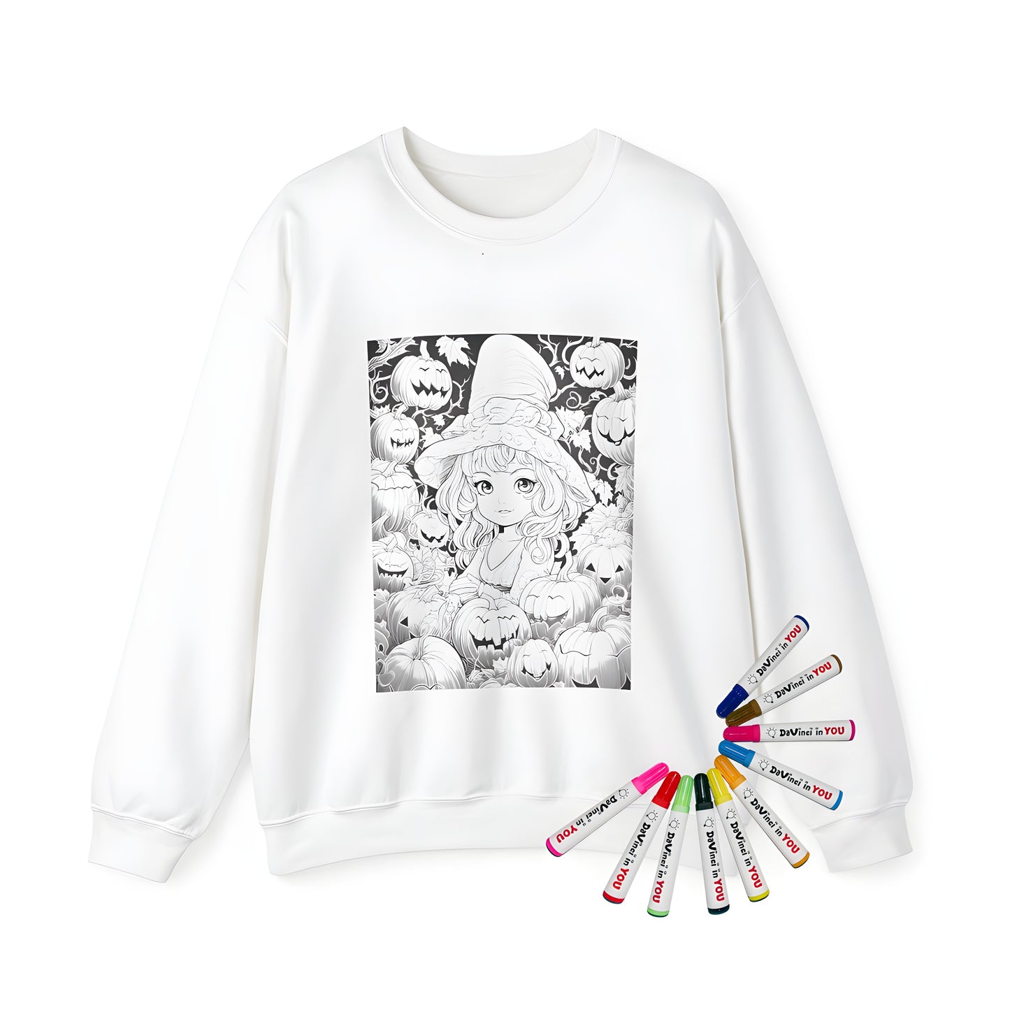 Adult sweatshirt featuring a young girl in a Halloween costume surrounded by autumnal decorations and carved gourds