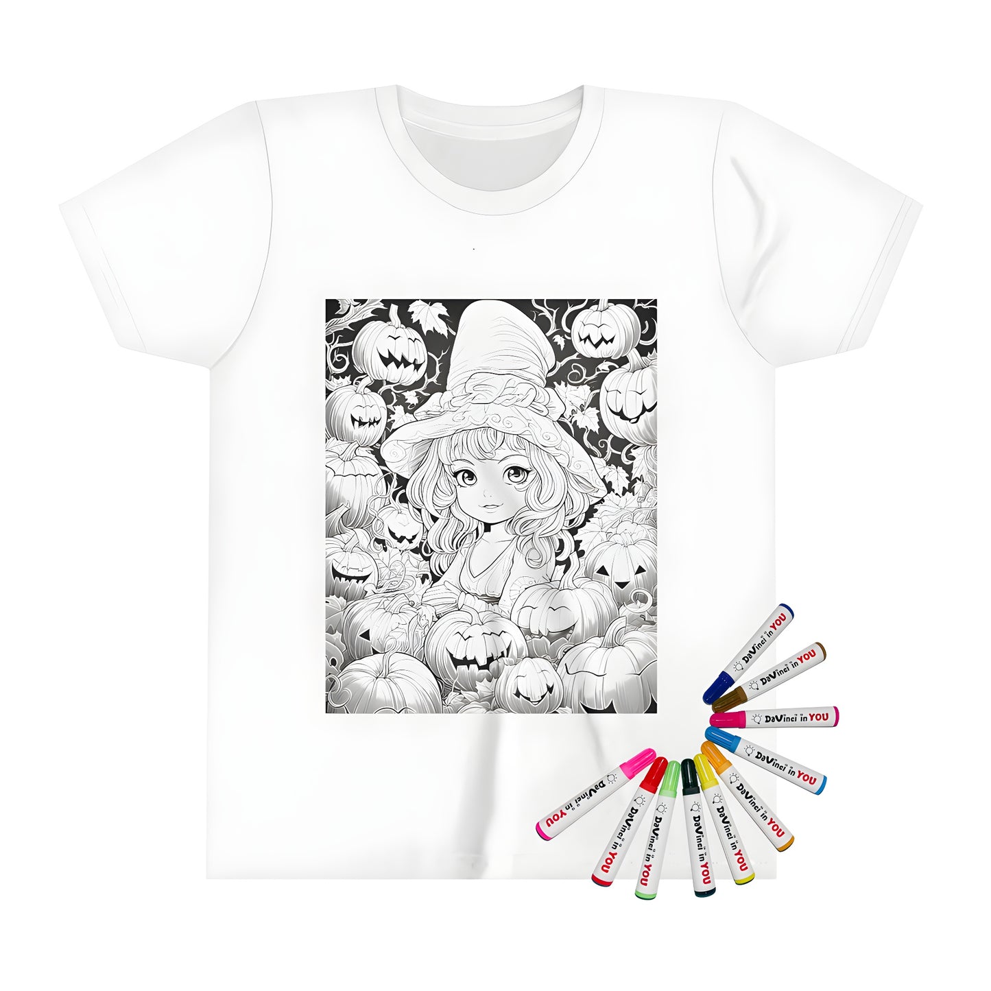 A vibrant Kid's T-shirt featuring a charming young girl in a witch costume surrounded by carved Halloween pumpkins, twisted vines, and autumn leaves on a cozy background.