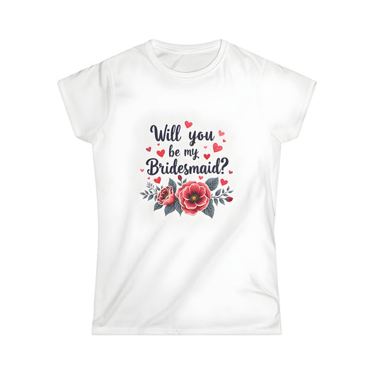 Women's colorful t-shirt with bridesmaids proposal invitation design. Floral and heart-inspired graphics on a comfortable tee.