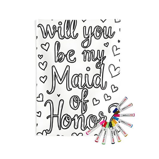 Beautiful indoor wall tapestry featuring a black and white coloring page design with 'Will you be my Maid of Honor?' surrounded by small hearts. Perfect for any maid of honor, bridesmaid, or wedding inspiration.