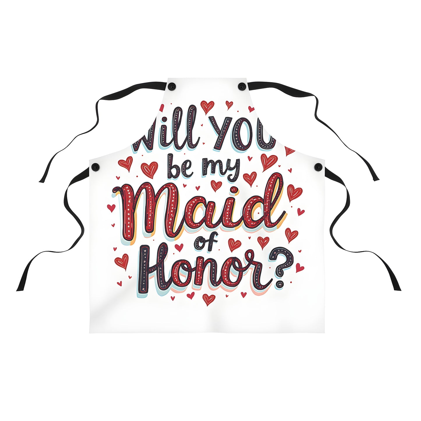 Colorful maid of honor apron with red hearts and wedding request design