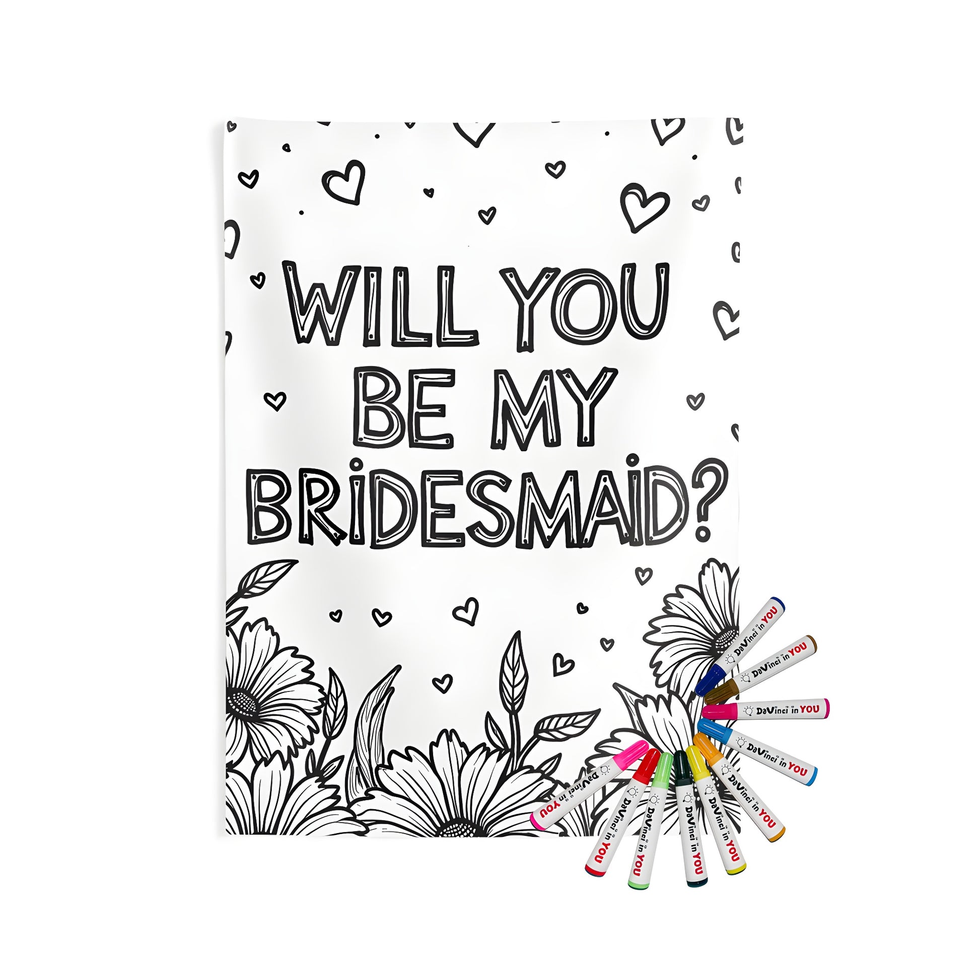 Indoor wall tapestries coloring kit for bridesmaids proposal ideas, featuring a black and white illustration with flowers and hearts saying WILL YOU BE MY BRIDESMAID?