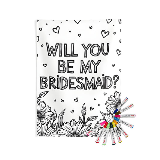 Indoor wall tapestries coloring kit for bridesmaids proposal ideas, featuring a black and white illustration with flowers and hearts saying WILL YOU BE MY BRIDESMAID?