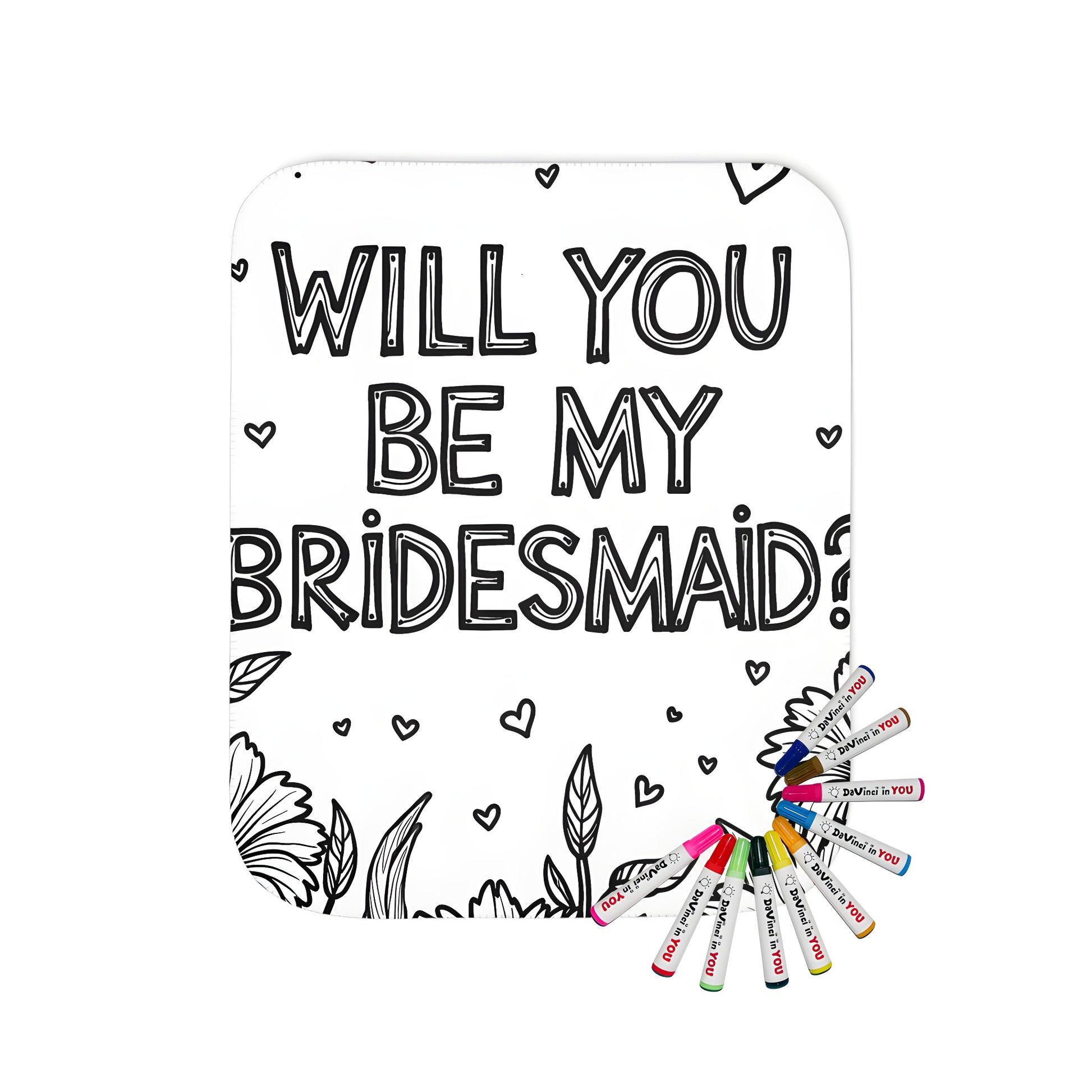 Bridesmaid proposal blanket with colorful illustrations of flowers and hearts