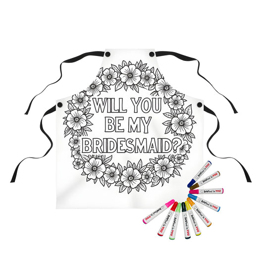 Apron featuring a black and white floral wreath design with 'Will you be my bridesmaid?' text. Perfect for bridesmaids, maid of honor, or wedding party.