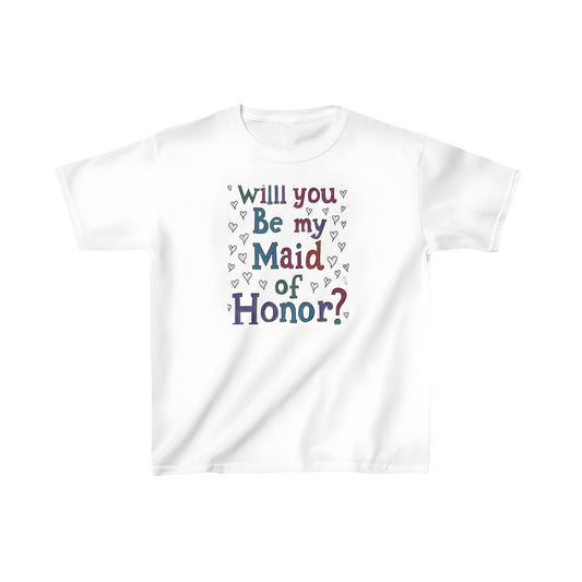 Colorful kid's t-shirt with maid of honor proposal design asking 'Will you be my Maid of Honor?' surrounded by heart doodles