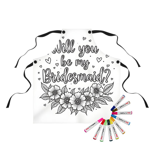 Black and white illustration of an apron with floral design, hearts, and bridesmaid proposal theme for bride-to-be proposal gift