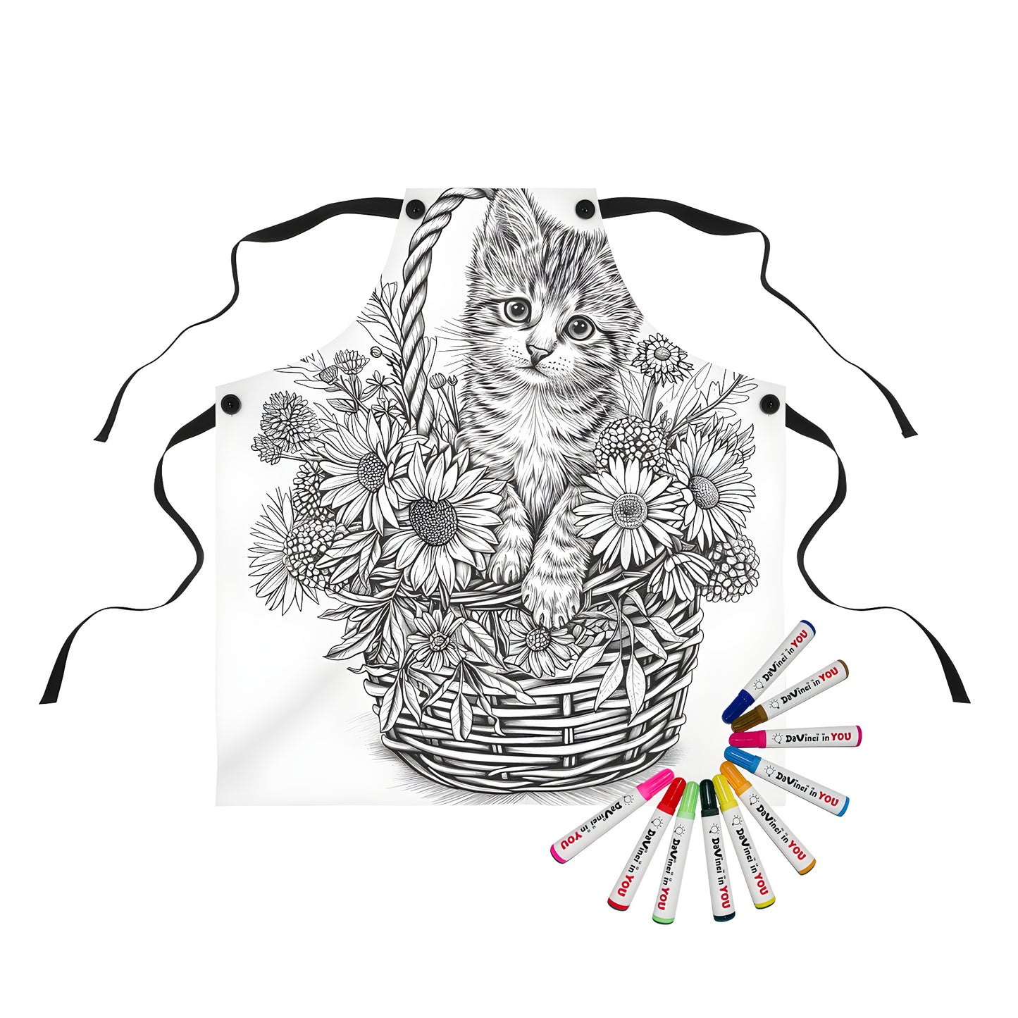 Cute kitten coloring apron with colorful markers and flowers on a whimsical basket design