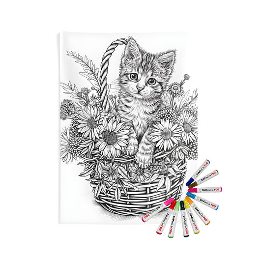 Colorful indoor wall tapestry featuring a whimsical black and white kitten sitting in a wicker basket surrounded by vibrant flowers, perfect for home decor