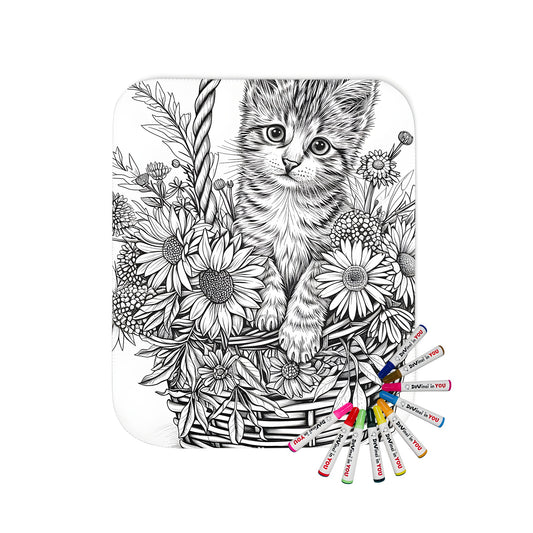 Cozy blanket with adorable cat in basket illustration